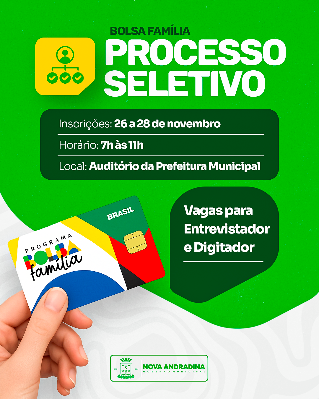 Processo seletivo para o Bolsa Família oferece cinco vagas em Nova Andradina