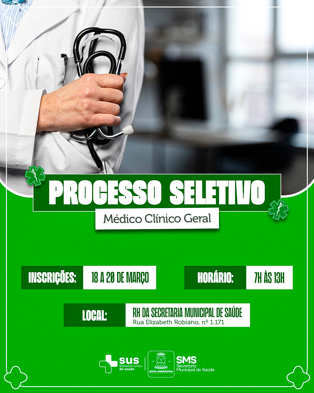 Processo seletivo abre vaga para médico clínico geral na rede municipal de saúde