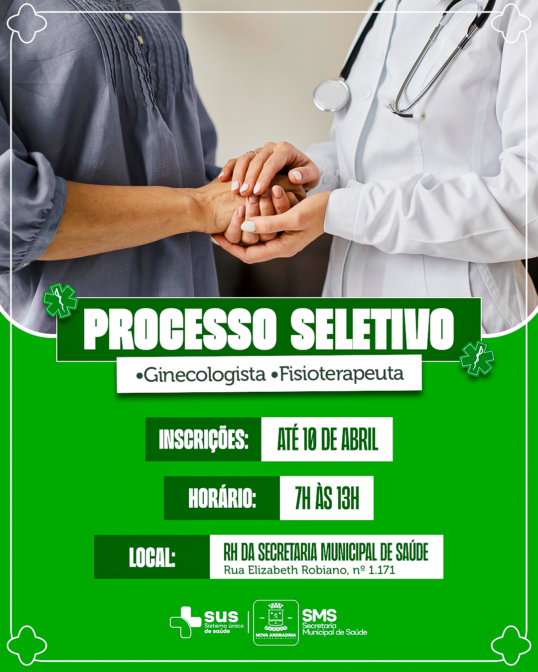 Secretaria de Saúde abre seleção para ginecologista e fisioterapeuta