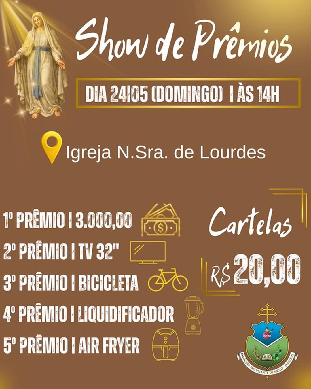 Comunidade convida para 3º Almoço Beneficente e Show de Prêmios da Igreja Nossa Senhora de Lourdes