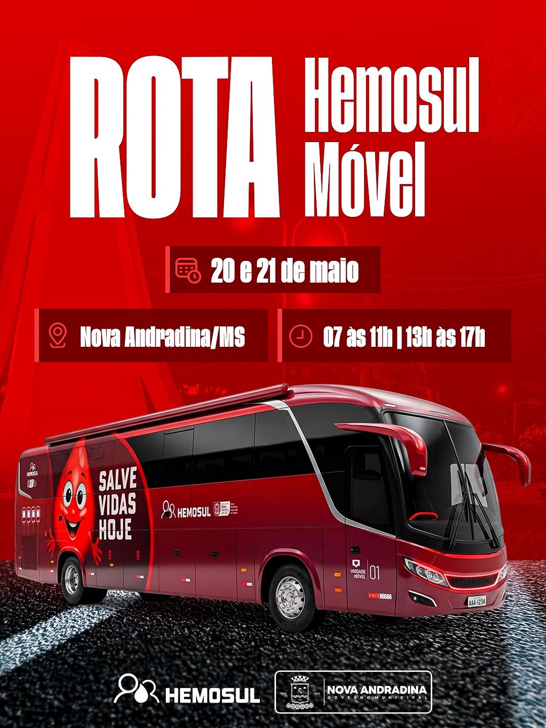 Rota Hemosul Móvel chega a Nova Andradina nos dias 20 e 21 de maio