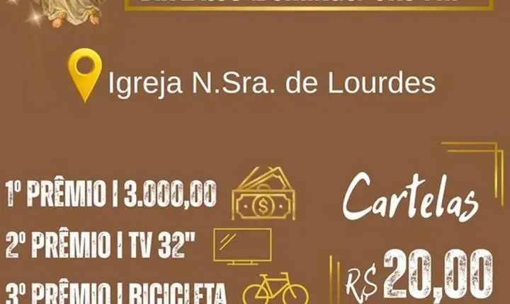 Comunidade convida para 3º Almoço Beneficente e Show de Prêmios da Igreja Nossa Senhora de Lourdes